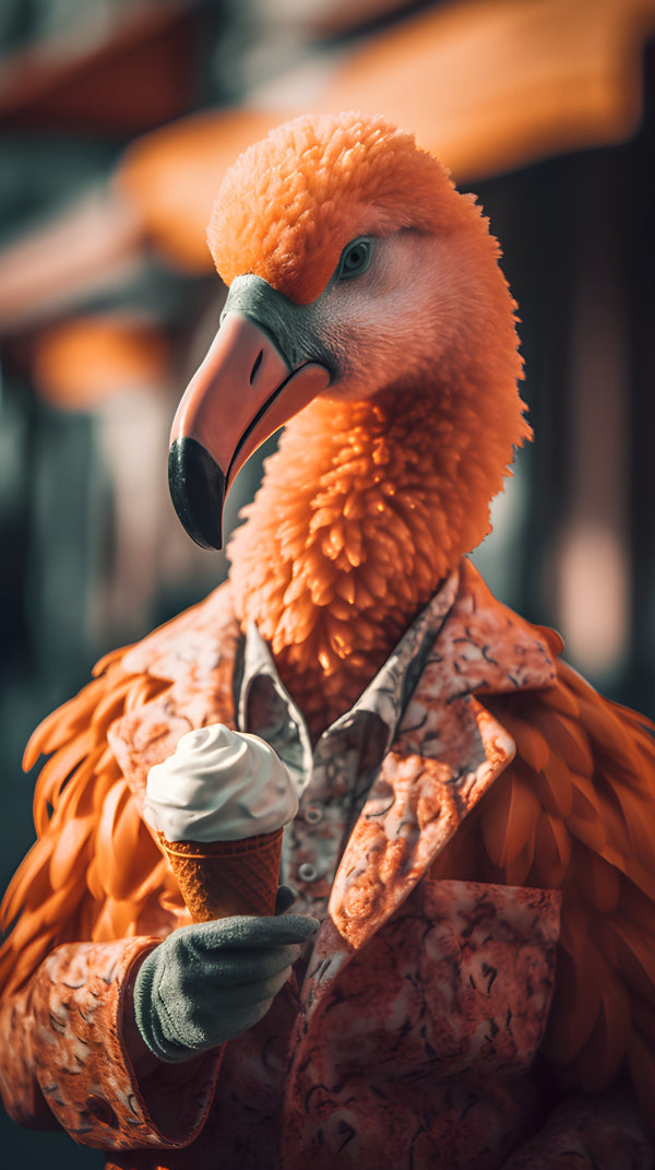 Vinyl Decal, American Flamingo in a Stylish Suit Enjoying an Ice Cream Cone Unique AI Art Print Home