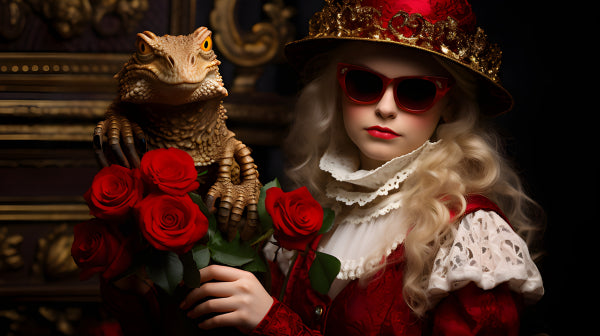 Vinyl Decal, Dramatic Portrait of Woman in Red Velvet Outfit with Sunglasses, Hat, Lizard Prop, and 