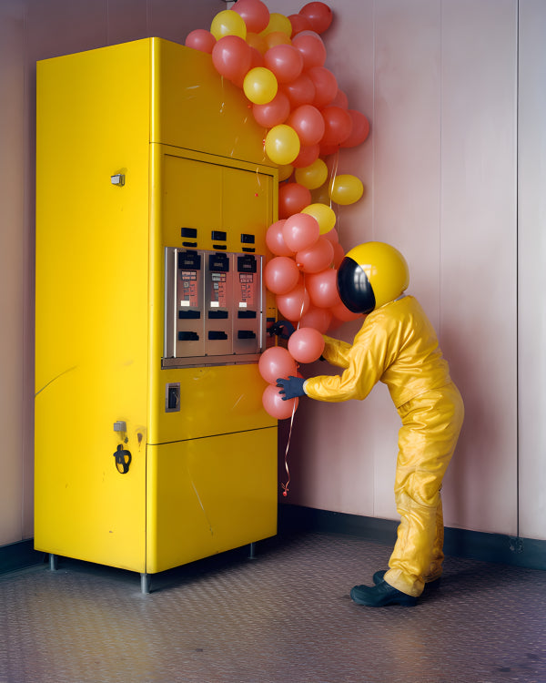 Vinyl Decal, Person in Yellow Spacesuit Interacting with Balloon-Filled Vending Machine, Vibrant Art