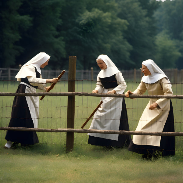 Vinyl Decal, Three Nuns in Traditional Habits Outdoors by Wooden Fence (5" x 7")