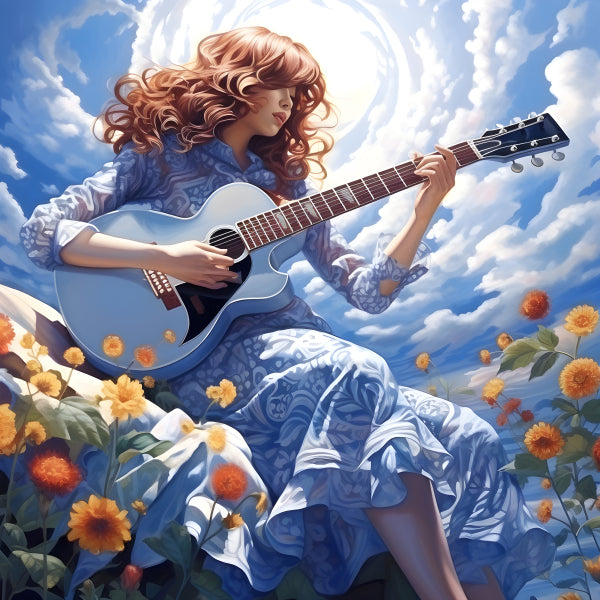 Vinyl Decal, Woman with Red Hair Playing Acoustic Guitar in Sky with Clouds and Flowers Artistic Dig