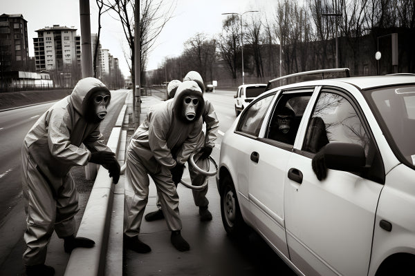 Vinyl Decal, Figures in Suits and Monkey Masks Surround a White Car in a City Street Scene (5" x 7")