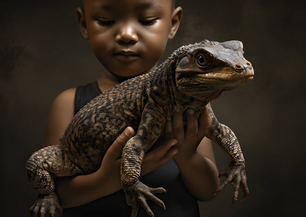 Vinyl Decal, Young Child Gently Holding a Large Monitor Lizard Pet, Detailed Reptile Portrait (5" x 