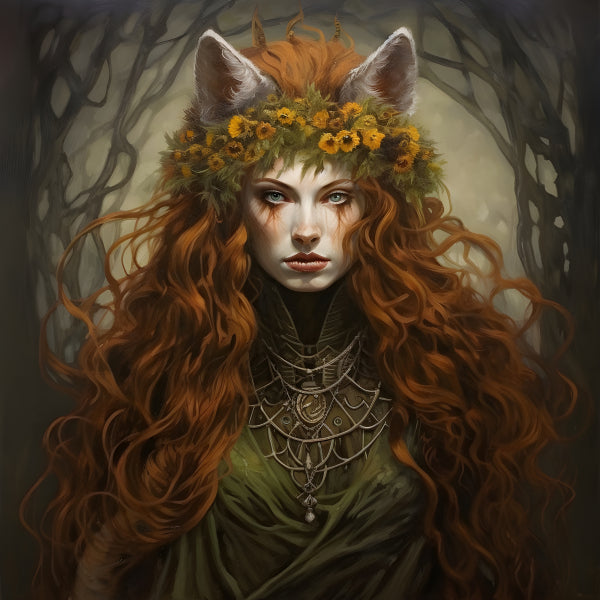 Vinyl Decal, Fox Girl Portrait with Red Hair and Floral Crown Artwork Print for Wall Decor (5" x 7")