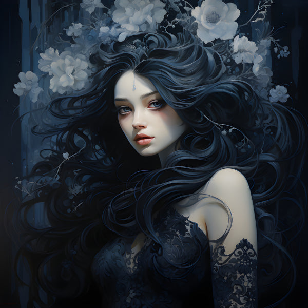 Vinyl Decal, Stunning Watercolored Pencil Art Dark Fantasy Portrait of Woman with Flowing Dark Hair 