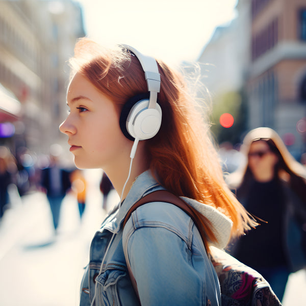 Vinyl Decal, Young Woman with Long Red Hair Wearing White Wired On-Ear Headphones and Denim Jacket W