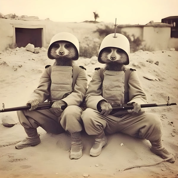 Vinyl Decal, Two Raccoon Soldiers in Military Uniforms Holding Rifles (5" x 7")