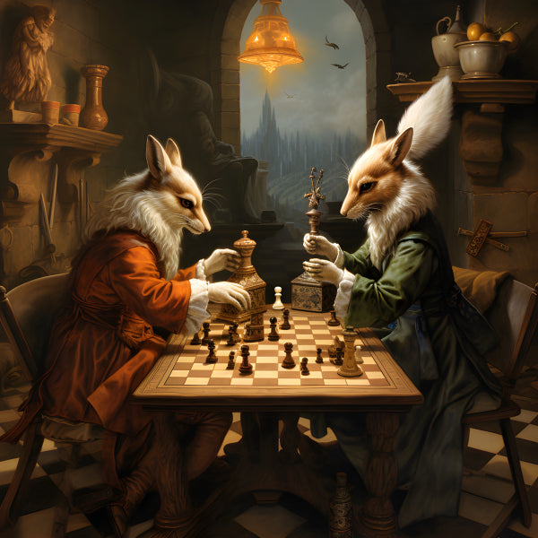 Vinyl Decal, Chess Between Two Dapper Foxes (5" x 7")