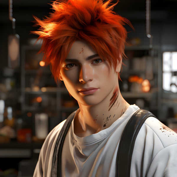 Vinyl Decal, Young Man with Vibrant Orange Hair and Confident Expression in a Workshop Setting (5" x