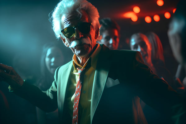Vinyl Decal, Stylish Older Man in Suit and Sunglasses Dancing at Nightclub (5" x 7")