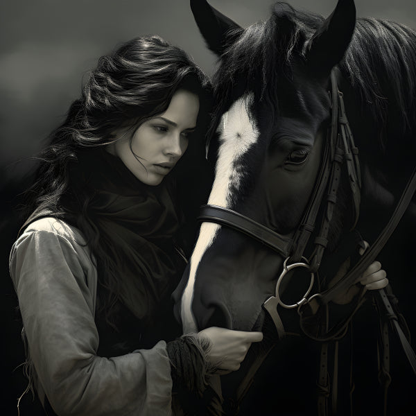 Vinyl Decal, Monotone Photograph of a Woman and Horse, Black and White Fine Art Print (5" x 7")