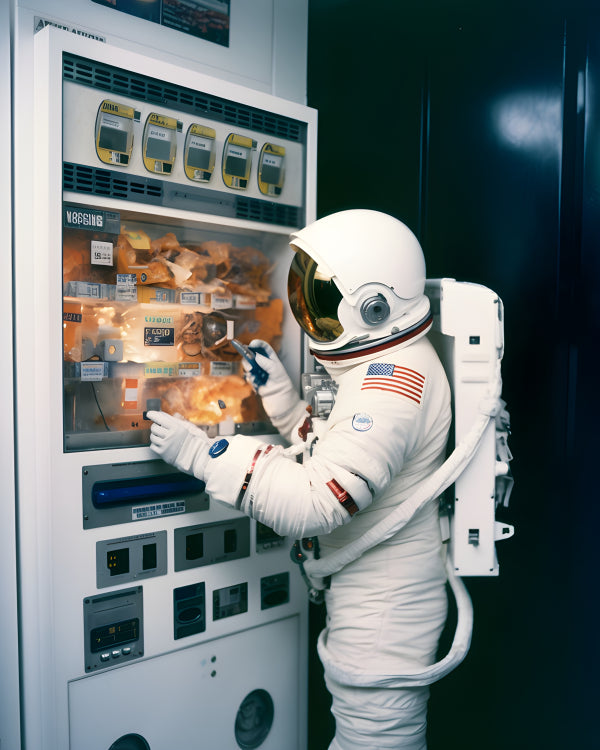 Vinyl Decal, Astronaut in full space suit gets a snack from a vending machine on Earth (5" x 7")