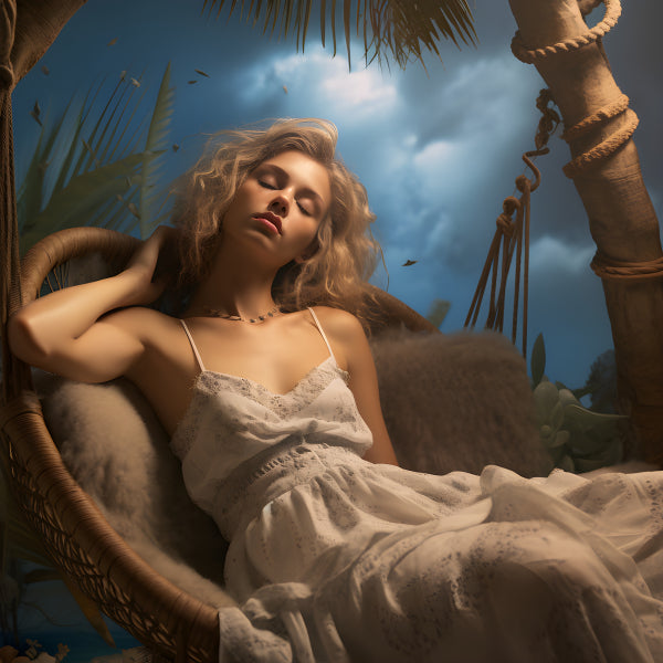Vinyl Decal, Beautiful Blonde Woman Relaxing Serene Dreamy Beach Vacation White Sundress Wicker Hang