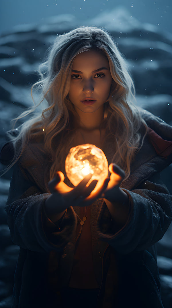 Vinyl Decal, Enchanting Blonde Woman Holding Glowing Crystal Orb Night Landscape Art Print (5" x 7")