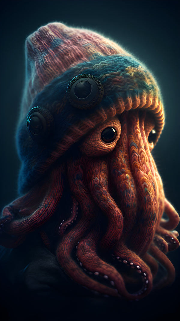 Vinyl Decal, Artistic Octopus Wearing a Knit Beanie Hat (5" x 7")