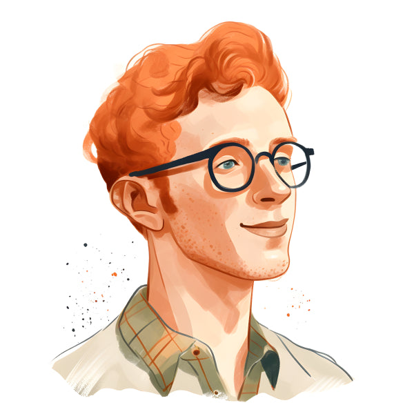 Vinyl Decal, Digital Art Print of Smiling Young Caucasian Man with Red Hair and Round Glasses (5" x 