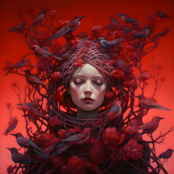 Vinyl Decal, Surreal Red Portrait of Woman with Floral Head & Vines (5" x 7")