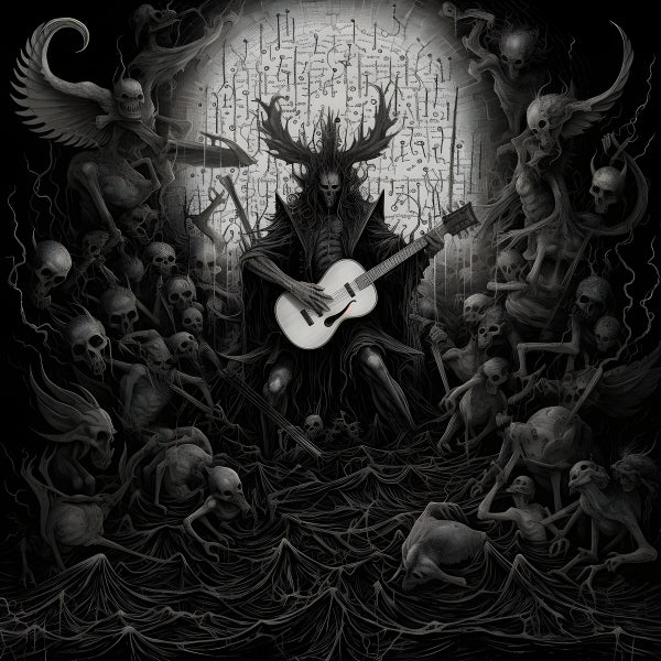 Vinyl Decal, Horned Demon Playing Acoustic Guitar Surrounded by Skeletons & Monsters (5" x 7")