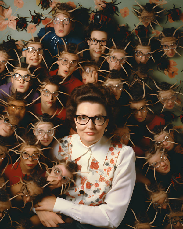 Vinyl Decal, Surreal Portrait of Woman with Glasses Amidst Multiple Spectacled Faces & Insects (5" x