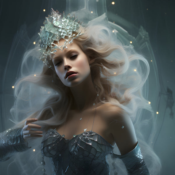 Vinyl Decal, Stunning Ethereal Ice Princess Portrait with Crystal Crown and Silver Gown (5" x 7")