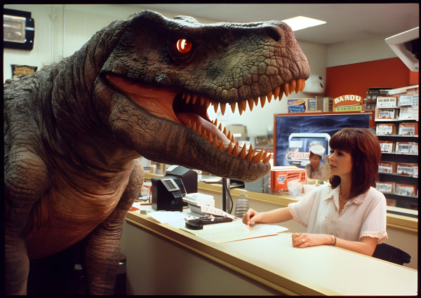 Vinyl Decal, T-Rex Dinosaur Surprises Clerk (5" x 7")