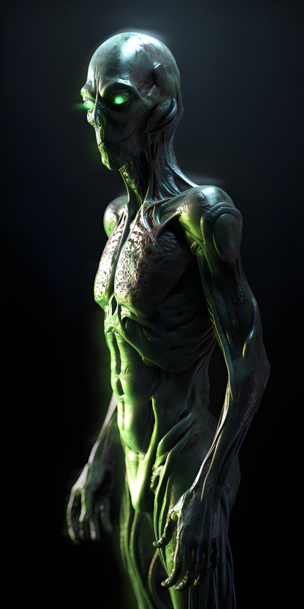 Vinyl Decal, Render Alien Figurine with Glowing Green Eyes and Torso (5" x 7")