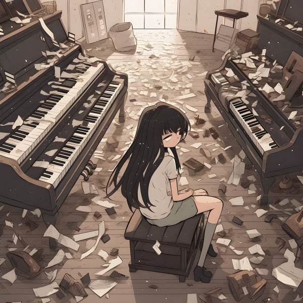 Vinyl Decal, Anime Girl Sitting Between Two Pianos with Scattered Papers, Melancholy Art Print (5" x