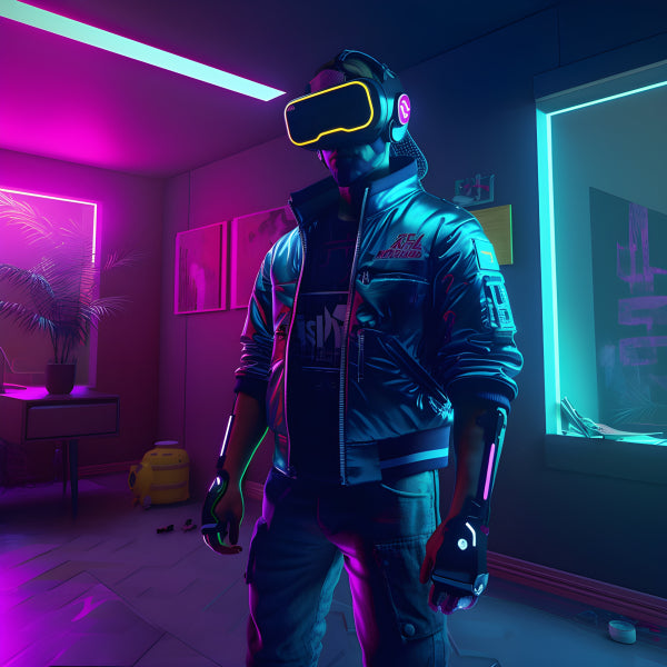 Vinyl Decal, Cyberpunk Man in VR Headset, Futuristic Gaming Experience with Neon Lights & High-Tech 