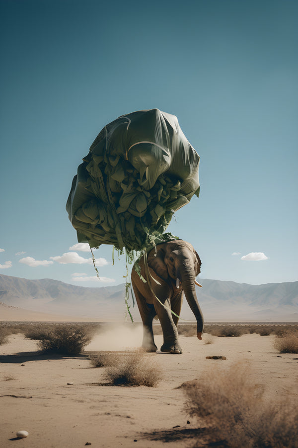 Vinyl Decal, Surreal Desert Art Print Featuring an Elephant Carrying a Large Green Bundle (5" x 7")