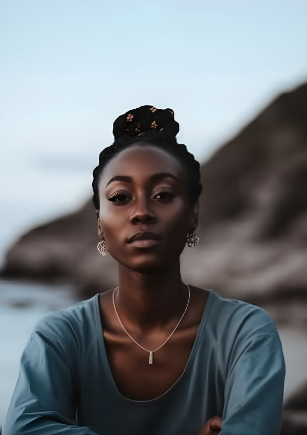 Vinyl Decal, Stunning Portrait of a Beautiful Black Woman in Grey Top with Elegant Jewelry (5" x 7")