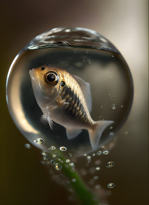 Vinyl Decal, Tiny Exotic Fish in a Crystal Clear Water Droplet Macro Photography Art Print (5" x 7")