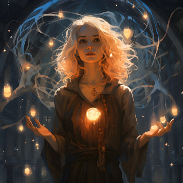 Vinyl Decal, Mystical Blonde Sorceress with Glowing Orbs Fantasy Art Print (5" x 7")