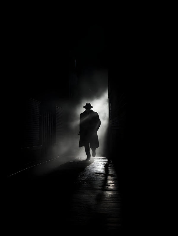 Vinyl Decal, Man in Long Coat and Hat Walking Through Dark Smoky Alleyway, Dramatic Noir Style Wall 