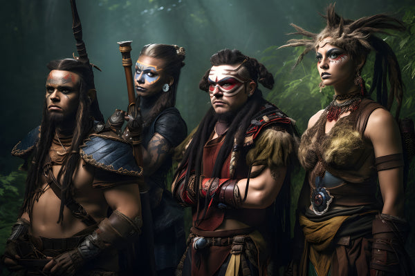 Vinyl Decal, Fantasy Tribal Warrior Group Portrait, Ancient Forest Setting, Detailed Costumes & Face