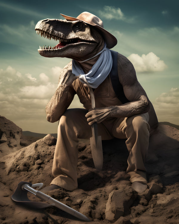 Vinyl Decal, Dinosaur Archeologist Taking a Break in the Desert with Hat and Scarf, Holding a Shovel