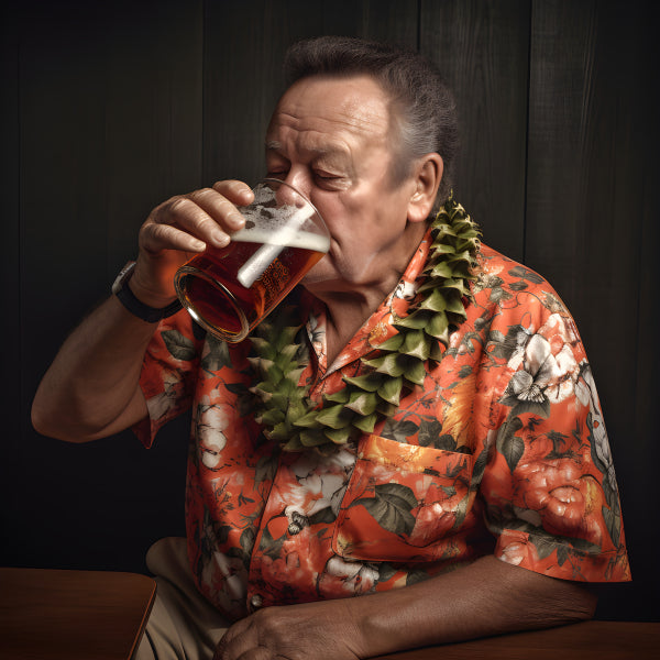 Vinyl Decal, Man in Vibrant Orange Floral Hawaiian Shirt and Green Lei Enjoying a Cold Beer Relaxed 