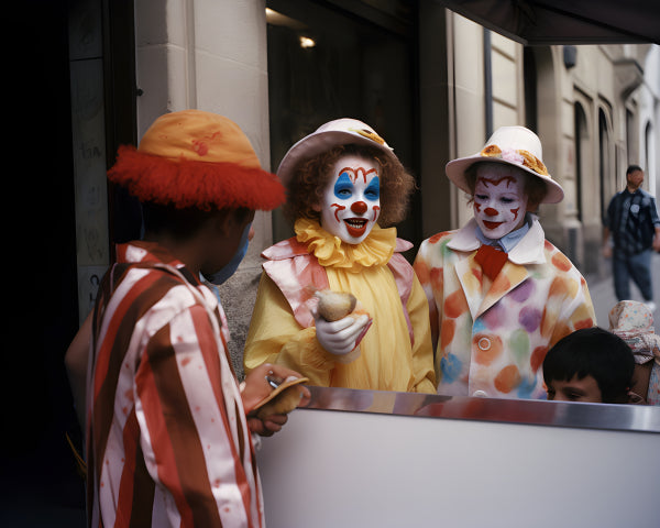 Vinyl Decal, Three Clowns in Colorful Costumes Interacting at a Counter, One Holding an Item (5" x 7
