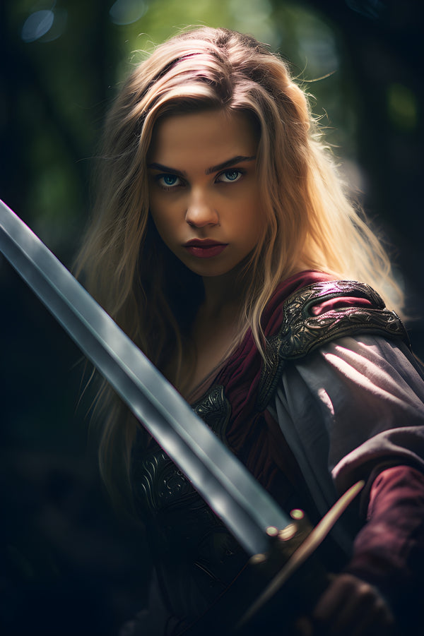 Vinyl Decal, Fantasy Warrior Princess Art Print, Blonde Female Character with Sword (5" x 7")
