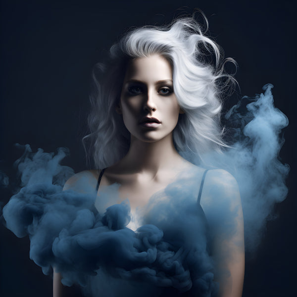 Vinyl Decal, Ethereal Woman with Flowing White Hair and Blue Smoke Art Portrait (5" x 7")