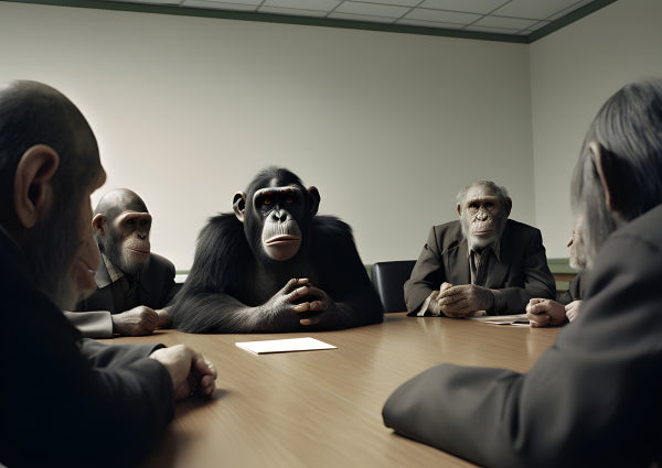 Vinyl Decal, Primates in the Boardroom - Business Apes in Suits Meeting at Conference Table (5" x 7"