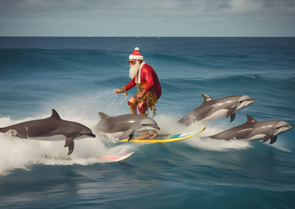 Vinyl Decal, Santa Claus Surfing with Dolphins Christmas Holiday Ocean Wave Adventure Funny Festive 