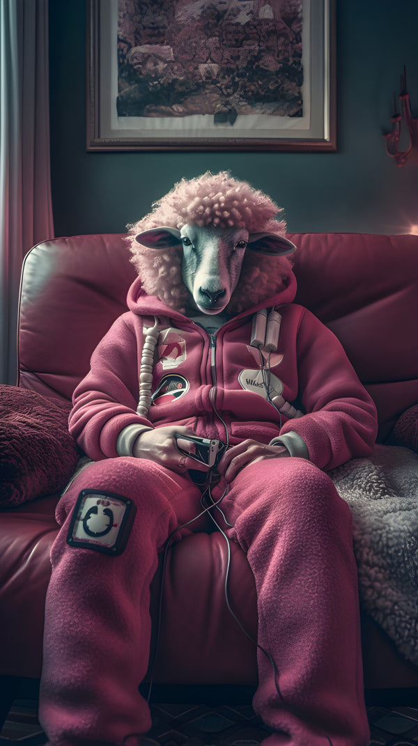 Vinyl Decal, Relaxed Sheep in Pink Jumpsuit Playing Handheld Game on Red Sofa (5" x 7")