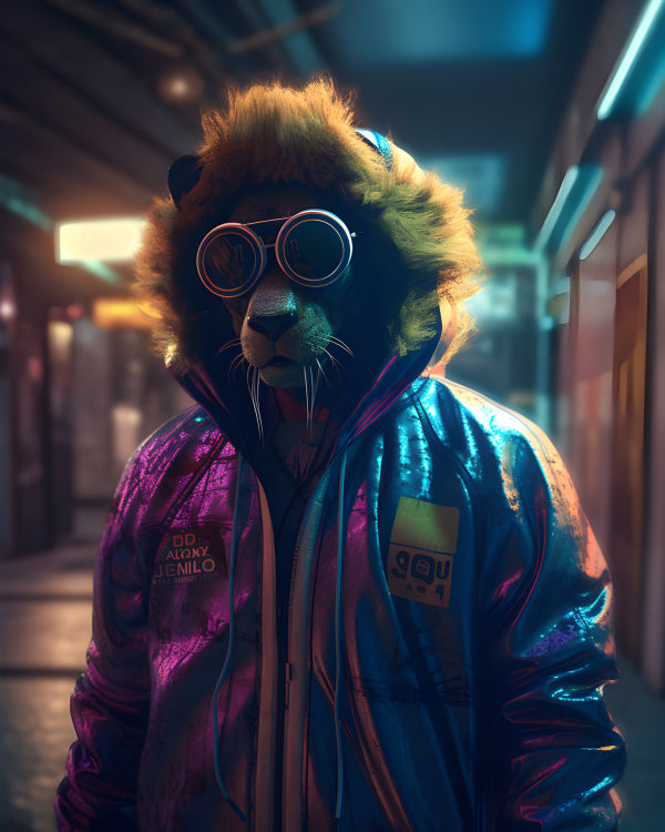 Vinyl Decal, Lion Wall Art Print, Cyberpunk Bear with Neon Jacket & Glasses (5" x 7")