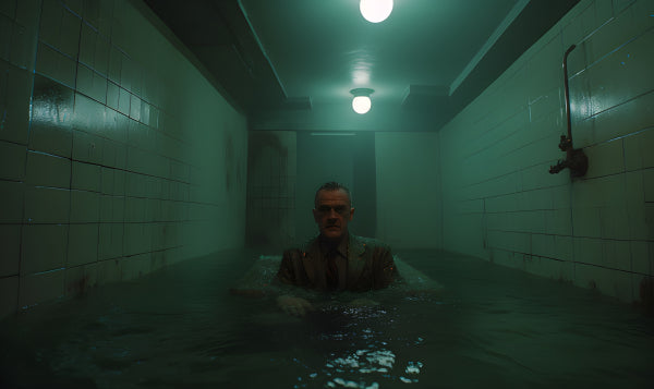Vinyl Decal, Man in Water Tiled Room Art Print, Eerie Cinematic Photography (5" x 7")