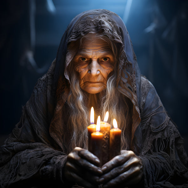 Vinyl Decal, Creepy Hooded Old Lady Holding Candles (5" x 7")