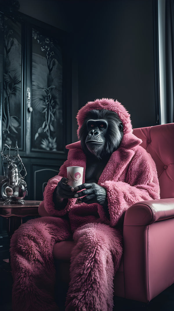 Vinyl Decal, Stylish Gorilla in Pink Fluffy Robe Sitting on Armchair with Coffee Mug (5" x 7")