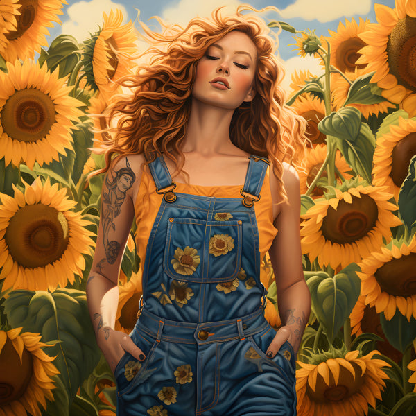 Vinyl Decal, Women's Sunflower Print Denim Overalls Jumpsuit (5" x 7")