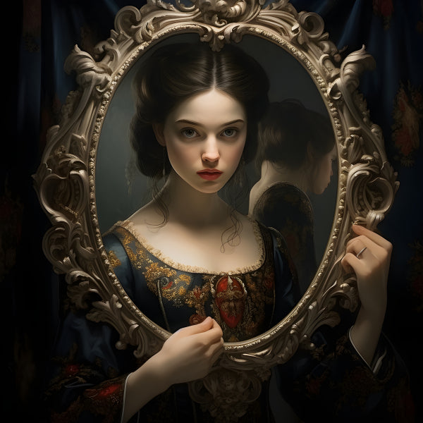 Vinyl Decal, Elegant Woman Gazing into Ornate Vintage Mirror Artistic Portrait Print (5" x 7")