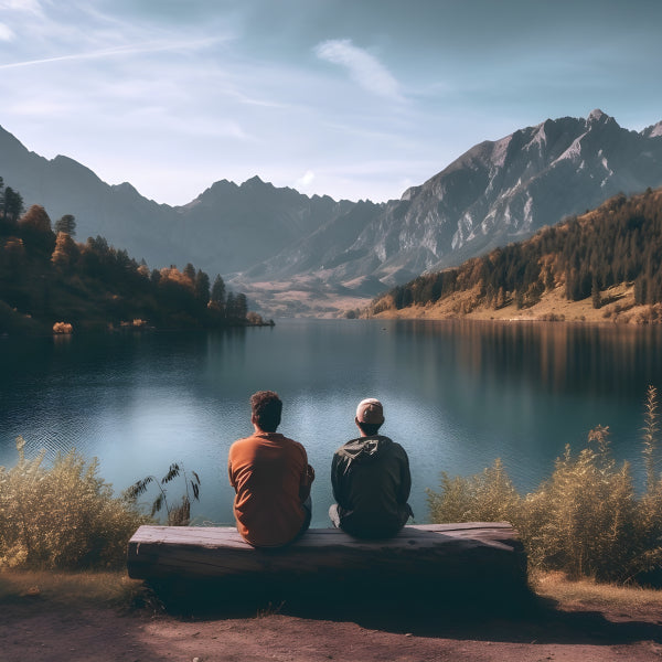 Vinyl Decal, Two People Sitting on a Wooden Bench by a Mountain Lake, Relaxing in Nature (5" x 7")