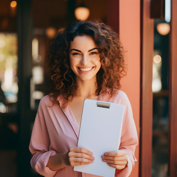 Vinyl Decal, Smiling Professional Businesswoman Portrait | Happy Female Employee Holding Clipboard i